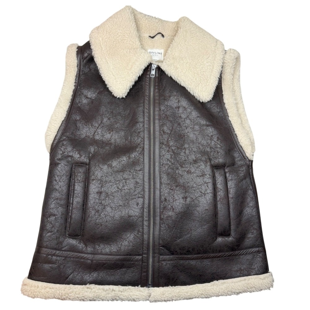 OFFLINE by Aerie Shearling Vest Sherpa Lined Faux Leather Brown Womens Medium